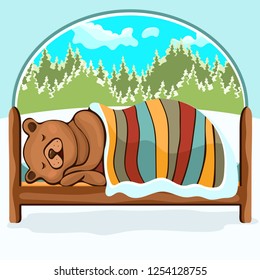 Bear in hibernation hand drawing, cartoon character, vector illustration, caricature. Colorful painted comical cute funny teddy bear lying on the bed covered with a blanket and sleeping winter in den