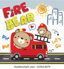 Bear and His brother driving playing toy bus car fire truck on street illustration vector.