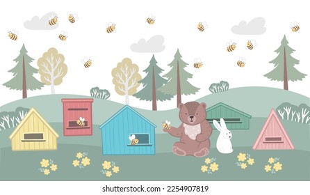 Bear with hives and bees. Vector hand drawn art