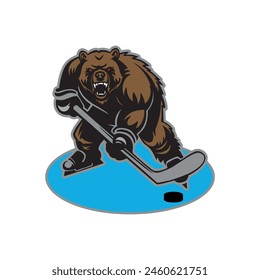 Bear hockey player with a puck on the ice. isolated on white background.vector illustration