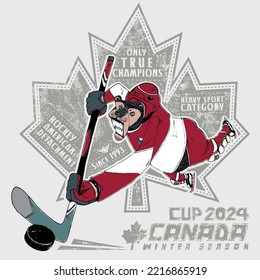 Bear hockey player skating. Bear mascot of a canadian hockey team. In the background a usual canadians leaf. Animal sport illustration concept.