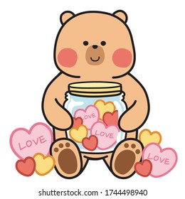 Bear hold jar with heart hand drawn.Cartoon character design.Love.Teddy.Cute animal doodle.Sticker.Kawaii.Valentines day.Kid product.Vector.Illustration. 