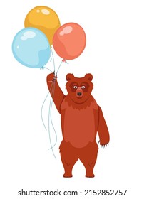 Bear Holding Balloons. Animal In Cartoon Style.