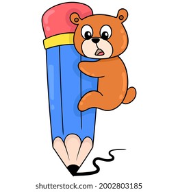 bear holding a big pencil for drawing, vector illustration art. doodle icon image kawaii.