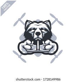 Bear holding Drone controller. Mascot logo for drone racing team, drone club or store. Design element for company logo, label, apparel or other merchandise. Scalable and editable vector illustration.