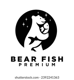 Bear Holding fish logo icon design illustration template