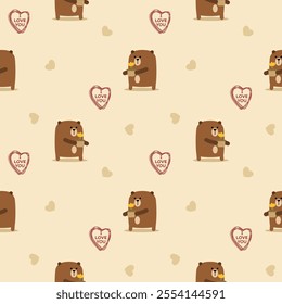 Bear holding a flower pot cartoon so cute. On heart background. Pattern seamless vector illustration. 