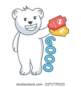 Bear holding football tickets, trendy flat sticker 