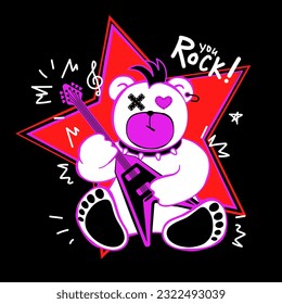 Bear holding guitar. Rock music style print. Print for t shirt, clothes, card, poster.