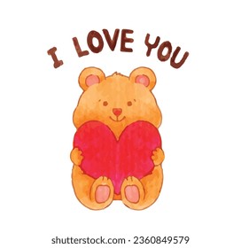 bear holding heart cartoon watercolor vector illustration
