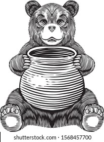 Bear holding honey jar. Vintage line drawing engraving illustration 