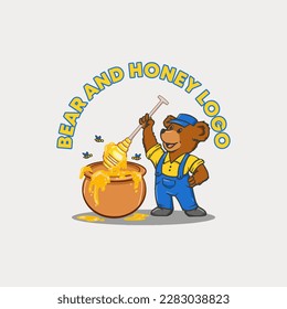Bear Holding Honey Stick with Honey Pot