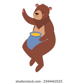 Bear holding jar with honey. Teddy bear eating honey, honey lover vector illustration