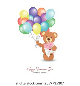 Bear holding letter with colorful air ballons, happy valentines day	