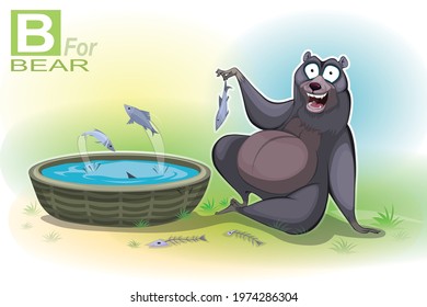 bear holding a one fish  sitting on the ground . All fishes trying to jump out the bucket.