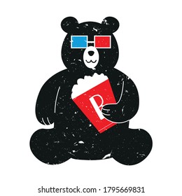 Bear holding a pop corn bucket and wearing 3d glasses illustration