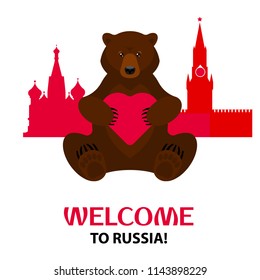 The bear is holding a red heart. Behind him are the sights of Moscow. Welcome to Russia. Vector illustration.