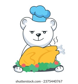 Bear holding a roasted turkey dish, flat sticker  