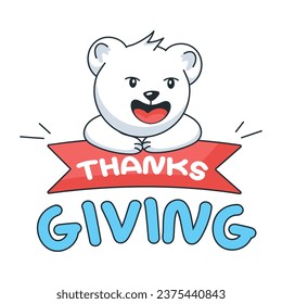 Bear holding thanksgiving banner, flat sticker  