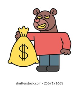 Bear holds bag of money and smiles. Vector Illustration