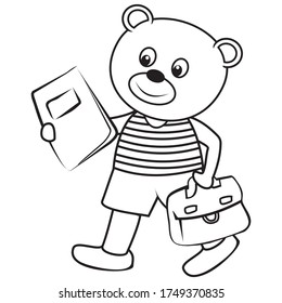 Bear holds bag and workbook, coloring book for children, vector illustration