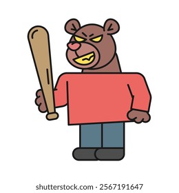 Bear holds baseball bat and smiles. Vector Illustration