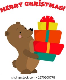 bear holds Christmas or New Year gifts. many colored boxes in hands or paws. red, orange, yellow, green.