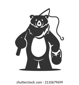 bear holds fishing rod in hand and a bucket of fish Icon Illustration Brand Identity