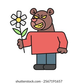 Bear holds flower and smiles. Vector Illustration