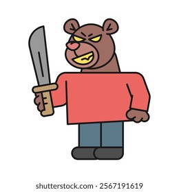 Bear holds machete and smiles. Vector Illustration