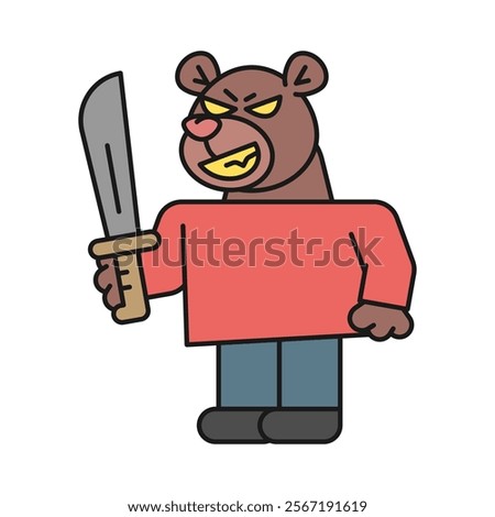 Bear holds machete and smiles. Vector Illustration