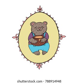 The bear holds in paws a honey pot.
