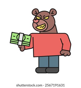 Bear holds wad money and smiles. Vector Illustration