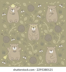 Bear and honey bee animal doodles vector illustration.