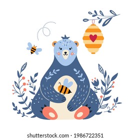 Bear with honey and bee in cartoon style. Cute teddy with beehive. 
Sweet woodland animals. Wild forest folk character. Vector isolated on white background