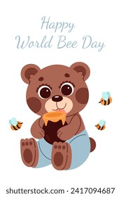 Un oso con miel y abejas. Feliz día de la abeja