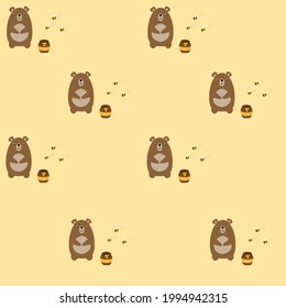 Bear, honey and bees on a yellow background. Seamless pattern. Vector illustration. Flat cartoon character