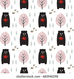 Bear with honey, bees and trees seamless pattern on white background. Simple scandinavian style nature illustration. Cute forest with animals design for textile, wallpaper, fabric.