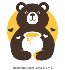 Bear with honey. Honey branding logo. Brown happy teddy