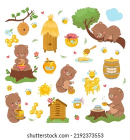 Bear and honey. Cartoon bees bears, cute forest animal flying bee and honeycomb. Sweet healthy food in jar, wild nowaday vector comic characters