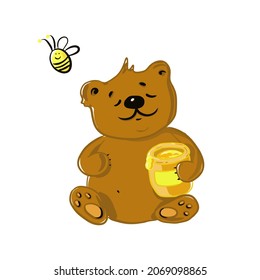 A bear with honey and a cheerful bee on a white background