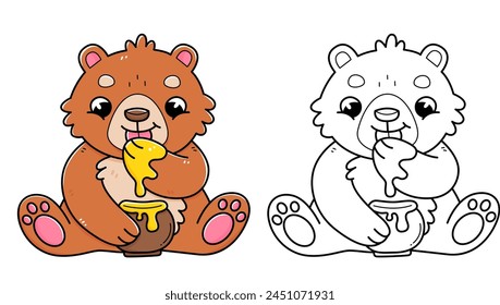 Bear with honey coloring book with coloring example for kids. Coloring page with bear eating honey. Black and white and color version. Vector children's illustration.