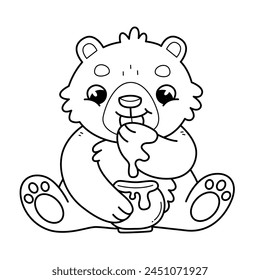 Bear with honey coloring book for kids. Bear eating honey coloring page. Monochrome black and white illustration. Vector children's illustration.
