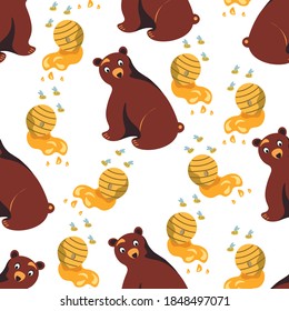 Bear with honey cute, cartoon character vector seamless pattern isolated on white background. Concept for print, cards, wallpaper, wrapping paper 