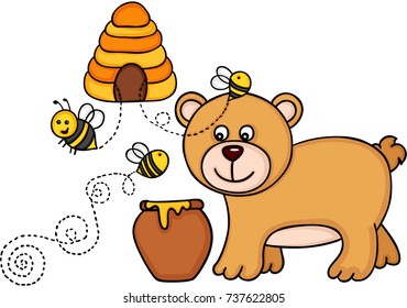 Bear with honey pot and bees fly out of a beehive
