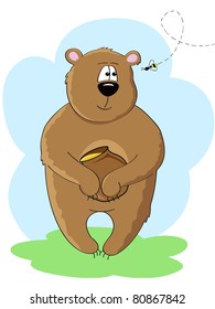 a bear with honey pot in his paws looking at the bee
