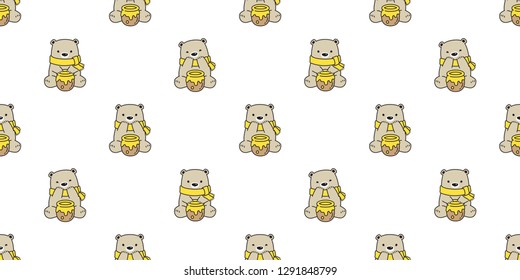 Bear honey seamless pattern vector polar bear scarf isolated cartoon tile background repeat wallpaper illustration
