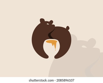 Diseño del logotipo del vector oso y miel, diseño creativo de icono del oso pardo con un frasco de miel.