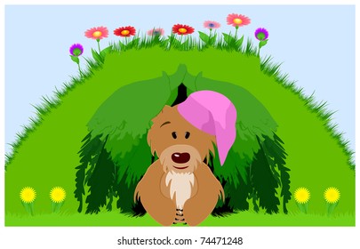 Bear in the hood sitting in his den among the green grass and blooming flowers