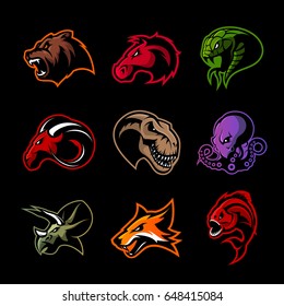 Bear, horse, snake, ram, fox, piranha, dinosaur, octopus head isolated vector logo concept. Modern badge mascot design. Premium quality wild animal, fish, reptile t-shirt tee print illustration.